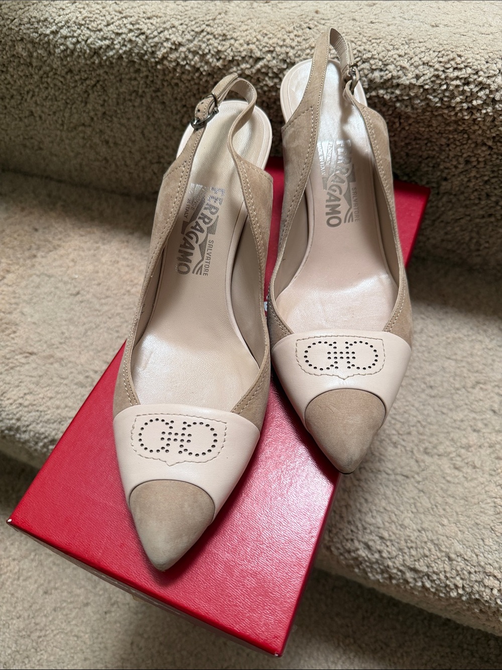 Salvatore Ferragamo Beige and Cream Pointed-Toe Slingback Pumps